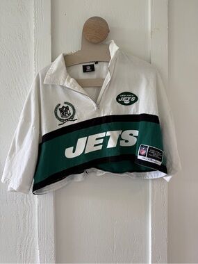 NFL New York Jets White & Green Cropped Quarter-Zip Pullover